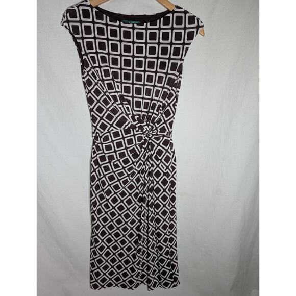 Lauren Ralph Lauren Womens Twist Front Sheath Dress Sz 2 Geometric Print Brown - Picture 1 of 7